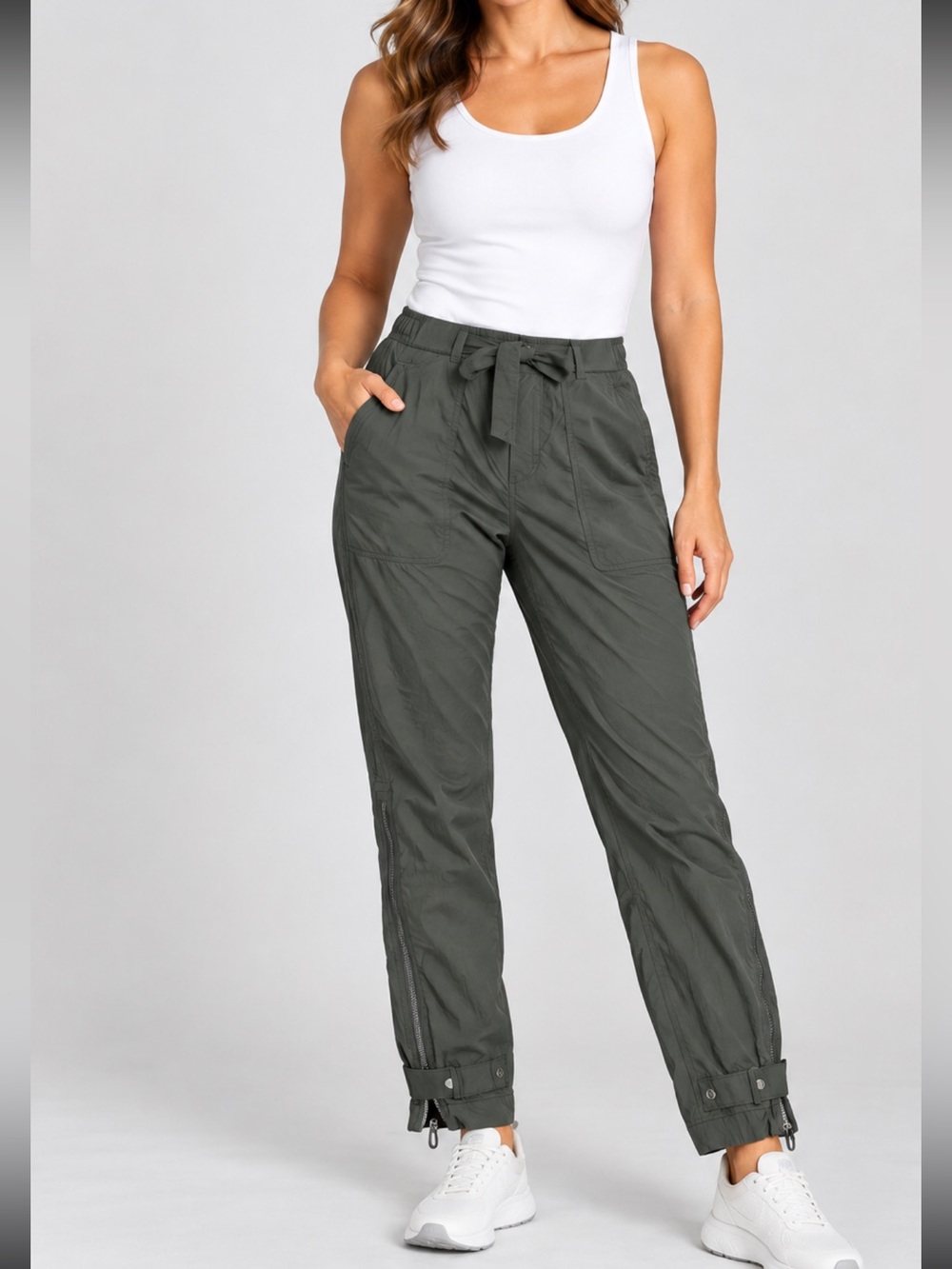 Athleta Trekkie Green Cargo Pants with Relaxed Fit and Adjustable Ankles